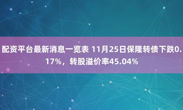 配资平台最新消息一览表 11月25日保隆转债下跌0.17%，转股溢价率45.04%